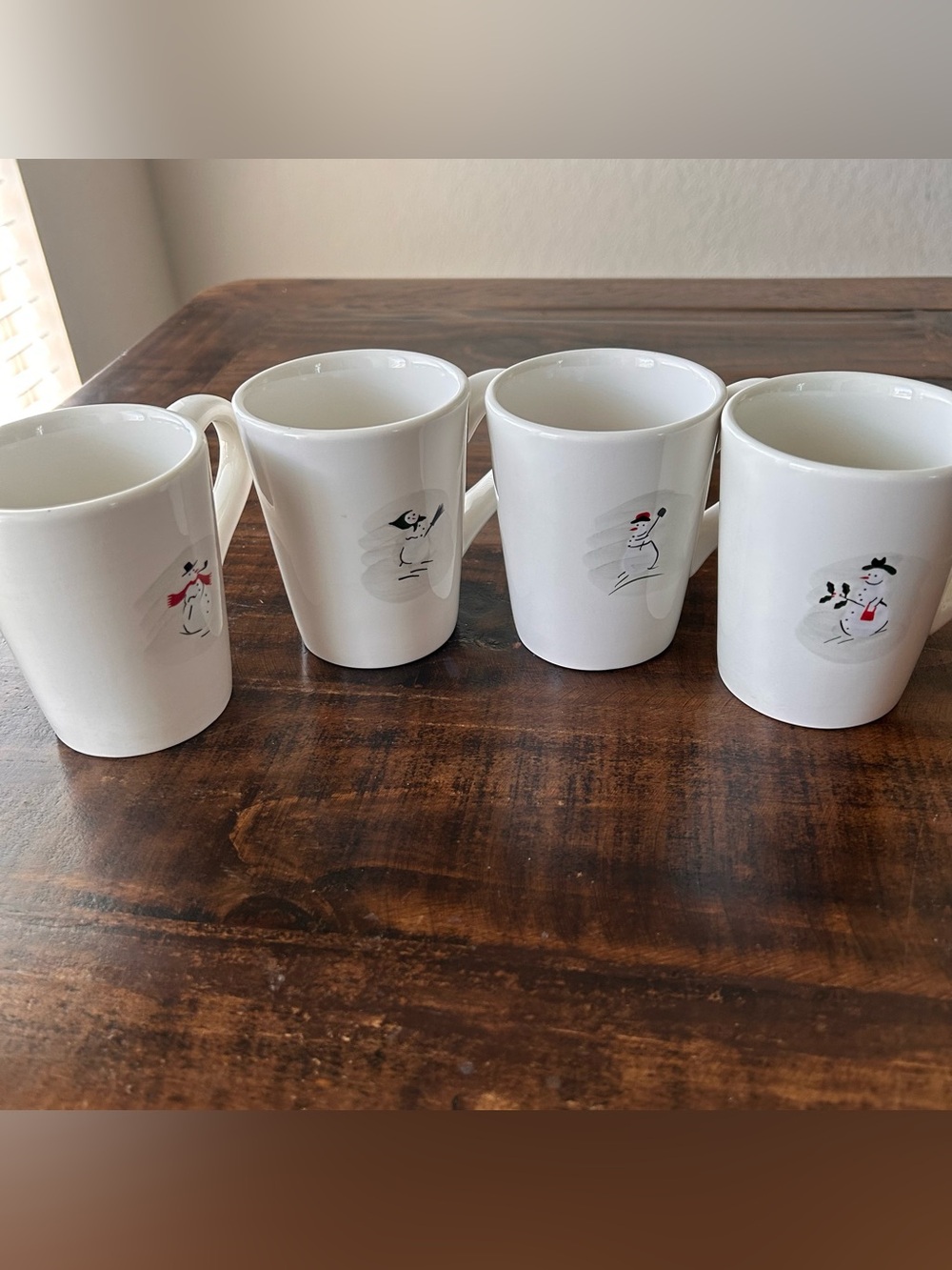 Williams Sonoma White Snowman Coffee Cups Holiday Christmas Winter Set of 4